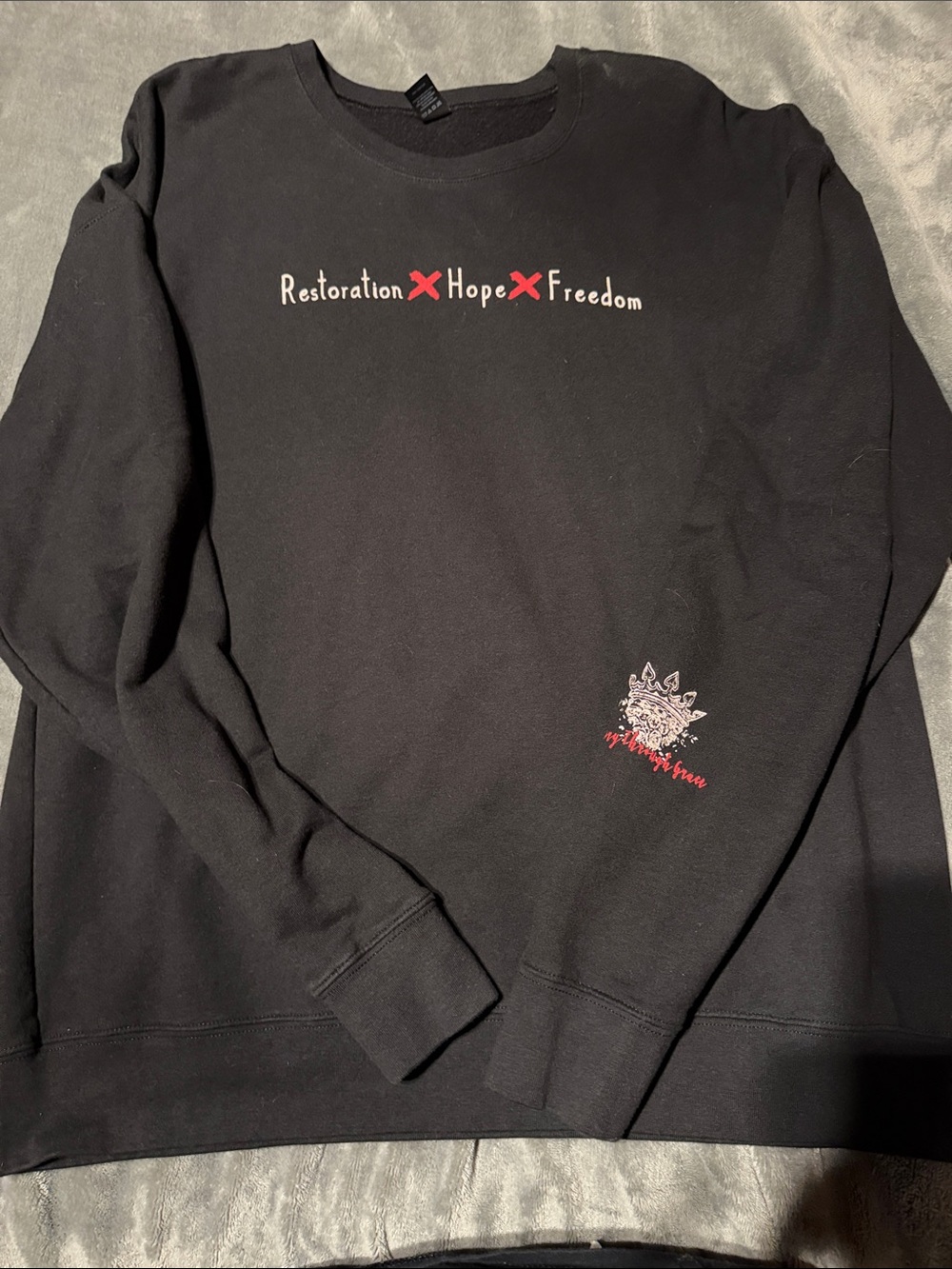 Tultex Black unisex Crewneck Sweatshirt with Red & White Chest Text